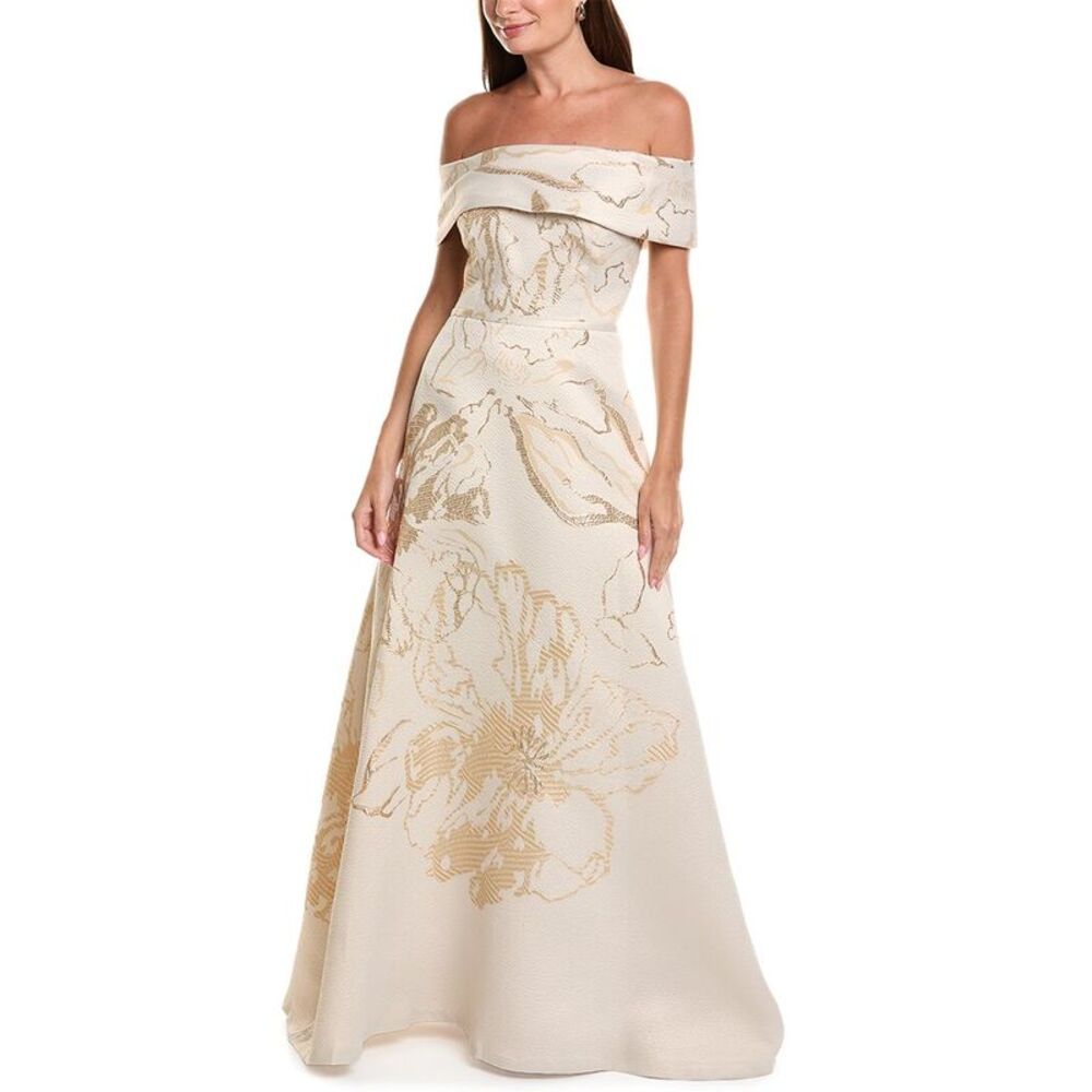 Teri Jon By Rickie Freeman Womens  Jacquard Metallic Gown, White